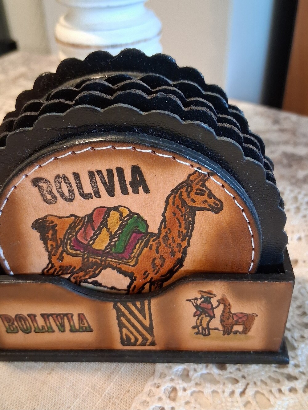 Vintage Hand Tooled Leather Coasters 6 Different BOLIVIAN Scenes